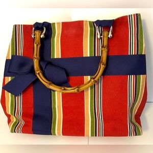 OTG Striped Retro Purse Canvas Handbag Tote Grosgrain Ribbon Cocktail Lining HTF